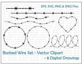 Barb or Barbed Wire Clipart Set / Border or Frame / Prison Security Fence / circle, square, loop / Sublimation / PNG, jpg, SVG, Eps