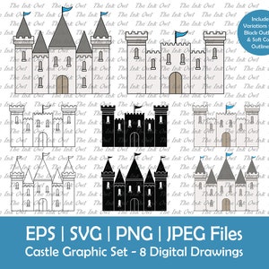 Kasteel Vector Clipart Set / overzicht, silhouet stempel & kleur afbeelding / middeleeuwse fantasie sublimatie / Svg, Png, Eps, Jpg / Cartoon