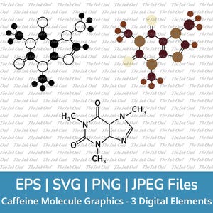 Caffeine Molecule Svg Vector Clipart Set / Coffee Chemical Make Up / Outline, Silhouette & Color Graphics / Png, Svg, Jpg, Eps