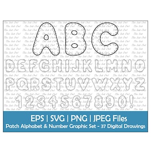 Patch Stitch Alphabet Letter and Number Vector Clipart / Outline Text Graphics / ABC 123 banners / Sewing Stitches / Png, Svg, Jpg, Eps