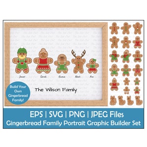 Clipart personalizzato per la creazione di ritratti di famiglia di pan di zenzero / grafica del modello di contorno e colore / cartoline di Natale / personalizzato / Png, Jpg, Svg, Eps