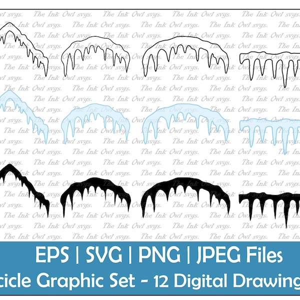 Icicle Graphic Set Vector Clipart / Drawing Outline and Stamp Illustrations / Straight, Curve, Oval, Roof Pitch / PNG, JPG, SVG, Eps