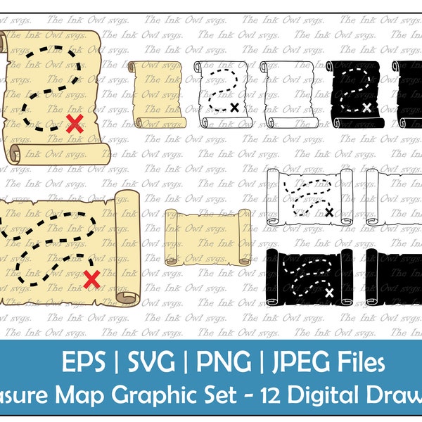 Treasure Map Vector Clipart Set / Outline & Stamp Drawing Graphic / X and Blank / PNG, JPG, SVG, Eps