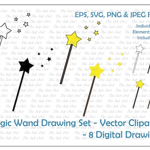 Bacchetta magica della fata con stelle Clipart Set / Contorno, timbro della silhouette e grafica a colori / Sublimazione della fatina dei denti / Png, Jpg, Svg, Eps