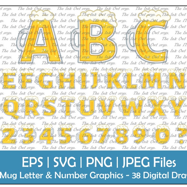 Beer Stein Mug Letter Alphabet and Numbers Vector Clipart Set / Light Text Graphics / ABC 123 Logos /  Drink / Png, Jpg, Svg, Eps