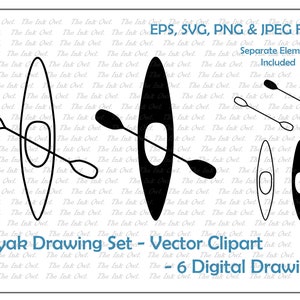 Pode incluir: Um conjunto de seis desenhos digitais de caiaques com remos. Os desenhos são em preto e branco e estão sobre um fundo branco com um padrão repetitivo das palavras "The Ink Owl". O texto "EPS, SVG, PNG & JPEG Files" e "Separate Elements Included" está na parte superior da imagem. O texto "Kayak Drawing Set - Vector Clipart - 6 Digital Drawings" está na parte inferior da imagem.