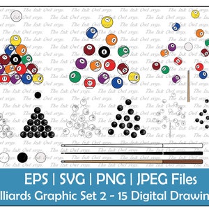 Billiards or Pool Break Vector Clipart Set / Outline, Stamp & Color Graphic / Sports / Rack, Cue, Solids, Stripes / PNG, JPG, SVG, Eps