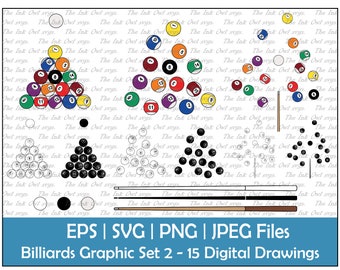 May include: A set of 15 digital drawings of billiard balls and cues. The set includes a full rack of billiard balls, a triangle of billiard balls, a cue stick, and individual billiard balls. The drawings are in black and white.