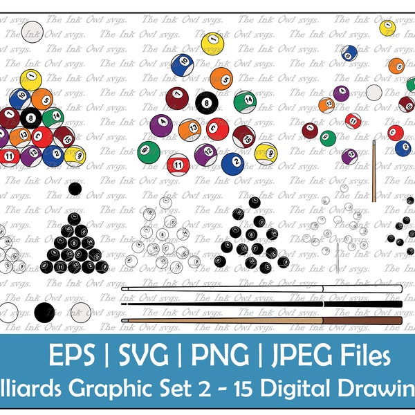 Billiards or Pool Break Vector Clipart Set / Outline, Stamp & Color Graphic / Sports / Rack, Cue, Solids, Stripes / PNG, JPG, SVG, Eps