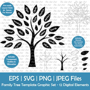 Arbre généalogique feuille nom modèle Clipart / graphique de dessin contour & Silhouette / Réunion / 2-20 + membres de la famille personnalisés / Eps, Png, Jpg, Svg