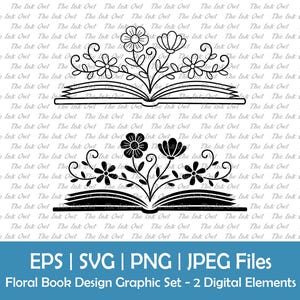 Open boek met bloemen Vector Clipart Set / overzicht & silhouet stempel tekening illustraties / bloemen lezen afbeelding / Png, Svg, Eps, Jpg