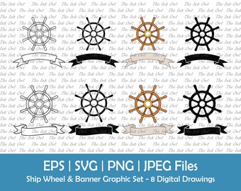 Ship's Wheel with Banner Vector Clipart / Outline, Silhouette & Color Illustration Graphics / Nautical Sign Template / Png, Eps, Svg, Jpg