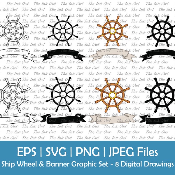 Ship's Wheel with Banner Vector Clipart / Outline, Silhouette & Color Illustration Graphics / Nautical Sign Template / Png, Eps, Svg, Jpg