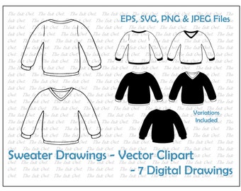 Pullover Zeichnung Set Vektor-Illustration / Umriss & Stempel Illustration / Kleidung mit Rundhalsausschnitt / PNG, JPG, SVG, Eps