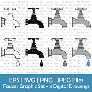 Water Faucet Vector Clipart Set / Outline, Silhouette Stamp & Color Illustrations / Tap Water / Plumbing /Garden / Png, Svg, Eps, Jpg