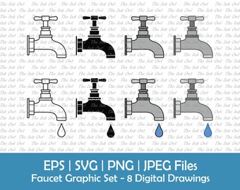 Water Faucet Vector Clipart Set / Outline, Silhouette Stamp & Color Illustrations / Tap Water / Plumbing /Garden / Png, Svg, Eps, Jpg