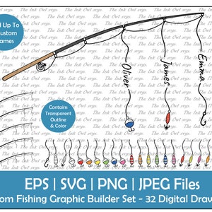 Fishing Rod with Name Lures Template Clipart / Outline & Color Drawing Graphic / Fathers Day / Personalized Names / Hook / Png, Jpg, Svg