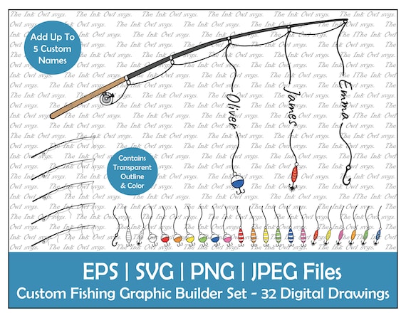 Fishing Rod with Name Lures Template Clipart / Outline & Color Drawing  Graphic / Fathers Day / Personalized Names / Hook / Png, Jpg, Svg