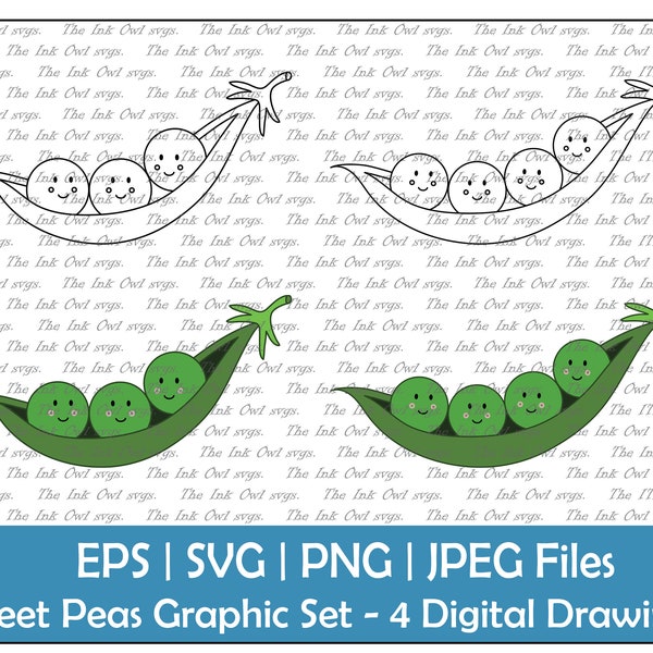 Sweet Peas in a Pod Vector Clipart / Outline & Colored Drawing Illustrations / Nursery Graphic / Png, Jpg, Svg, Eps