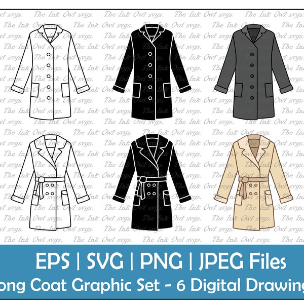 Long Coat Vector Clipart Set / Outline, Stamp & Color Drawing Graphic / Trench Coat / Outerwear / Clothing / PNG, JPG, SVG, Eps