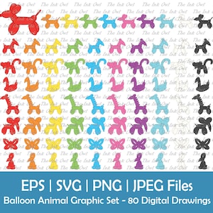 Balloon Animal Vector Clipart / Outline, Silhouette & Color Graphic / Party / Dog, Monkey, Horse, Monkey, Elephant / Png, Jpg, Svg, Eps