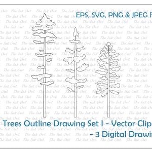 May include: A black and white vector clipart set featuring three tall trees with detailed outline drawings. The text at the top reads "EPS, SVG, PNG & JPEG Files". The title "Tall Trees Outline Drawing Set I - Vector Clipart" is displayed at the bottom.