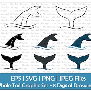Whale Tail Vector Clipart Set / Outline, Stamp & Color Drawing Graphic / Front and Side / Marine Animal /PNG, JPG, SVG, Eps