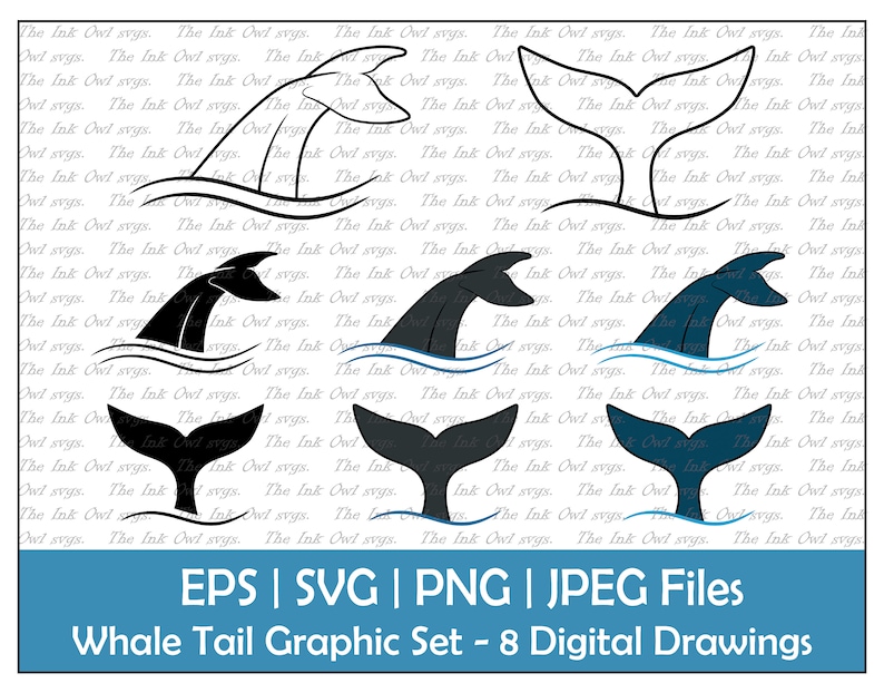 Whale Tail Vector Clipart Set / Outline, Stamp & Color Drawing Graphic / Front and Side / Marine Animal /PNG, JPG, SVG, Eps image 1