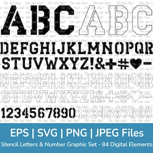 May include: Black and white stencil letters and numbers in a varsity style font. The letters are uppercase and include the alphabet, numbers 0-9, and symbols including an exclamation point, ampersand, plus sign, hashtag, heart, and hyphen. The text "EPS | SVG | PNG | JPEG Files" and "Stencil Letters & Number Graphic Set - 84 Digital Elements" is also included.