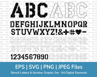 Plantilla de plantilla de letras del alfabeto y números, conjunto de imágenes prediseñadas vectoriales, gráficos de texto de contorno y silueta, ABC 123, Png, Jpg, Eps, Svg