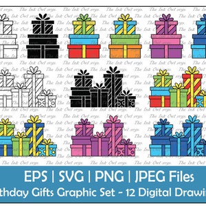 May include: A set of 12 digital drawings of birthday gift boxes in various colours and patterns. The boxes are stacked in different arrangements, with some featuring bows and ribbons. The drawings are in black and white, as well as colour.