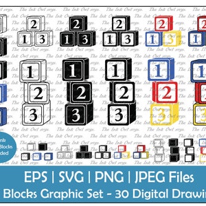 123 Number Blocks Vector Clipart Set / Outline, Silhouette Stamp & Color Illustrations / Nursery Baby Shower Graphic / Png, Jpg, Svg, Eps