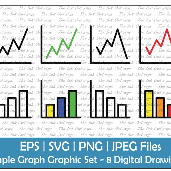 Simple Graph Clipart Vector Set / Stock Finances / Outline & Stamp Drawing Illustrations / Bar Graph / PNG, JPG, SVG, Eps