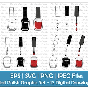 Nagellack Flasche und Pinsel Clipart Set V2 / Umriss, Stempel und Farbzeichnung Grafik / Geschlossen, Offen, Tropfend / PNG, JPG, SVG, Eps