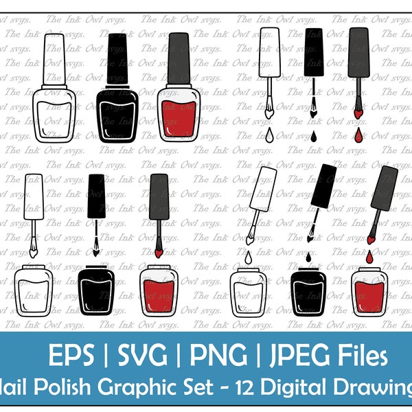 Nail Polish Bottle and Brush Clipart Set V2 / Outline, Stamp and Color Drawing Graphic / Closed, Open, Dripping / PNG, JPG, SVG, Eps