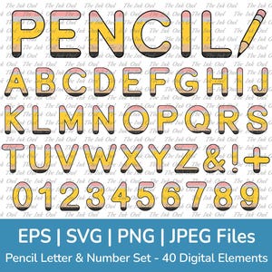 Escola Lápis Alfabeto Letras e Números Clipart / Ilustrações Vetoriais Fonte Gráfica / Para Crianças / Quadro de Avisos / Svg, Png, Eps, Jpg