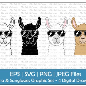 Llama with Sunglasses Vector Clipart Set / Outline & Stamp Drawing Graphic / PNG, JPG, SVG, Eps