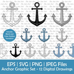 Set di clipart vettoriali per l'ancora della nave / Contorno, Timbro silhouette e Illustrazioni a colori / Grafica della barca / Png, Svg, Jpg, Eps