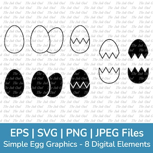 Ilustración vectorial de dibujo de huevo simple / Contornos y siluetas de sellos / Agrietado, abierto, eclosionando / Png, Svg, Jpg, Eps