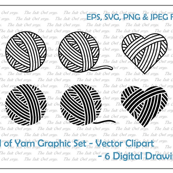 Yarn Ball Vector Clipart Set / Outline & Stamp Drawing Illustrations / Heart / PNG, JPG, SVG, Eps