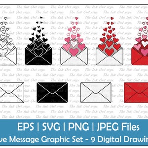 Carta de amor con corazones que salen Conjunto de imágenes prediseñadas vectoriales / Esquema y dibujo de sello gráfico / Sobre de mensaje / PNG, JPG, SVG, Eps