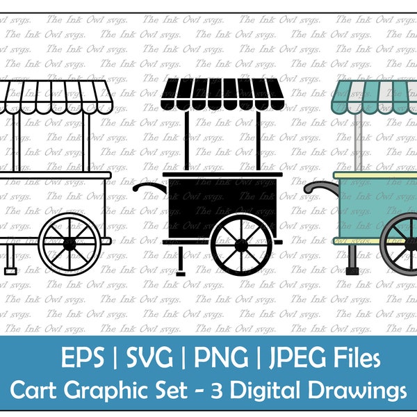 Market Cart Vector Clipart Set / Outline & Stamp Drawing Graphic / Ice Cream Food Cart / PNG, JPG, SVG, Eps