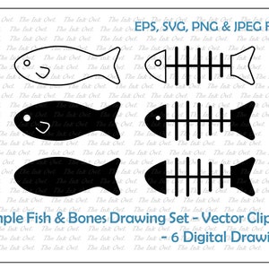 Simple Fish and Fishbone Vector Clipart / Outline & Stamp Drawing Illustrations / PNG, JPG, SVG, Eps