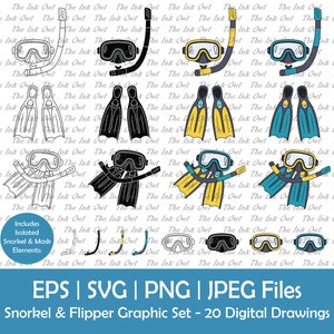 Schnorchel Maske und Flipper Clip Art Set / Umriss, Silhouette Stempel & Farb Illustration / Tauchen / Png, SVG, Jpg, Eps