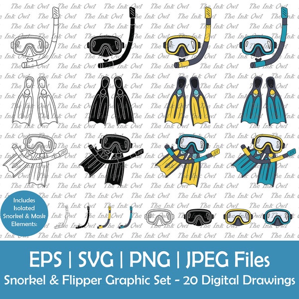 Snorkel Mask and Flipper Vector Clipart Set / Outline, Silhouette Stamp & Color Illustration Graphics / Scuba Diving / Png, Svg, Jpg, Eps