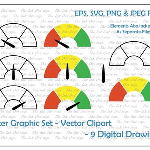 メーター ダイヤル ベクター クリップアート セット / アウトラインと赤、黄、緑のカラー グラフィック / PNG、JPG、SVG、Eps