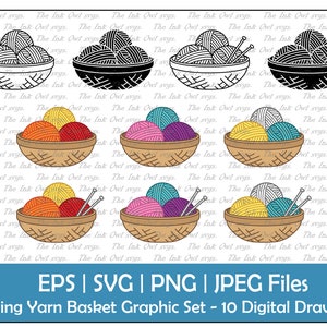 Yarn Basket and Knitting Needles Vector Clipart Set / Outline, Stamp and Color Graphic / PNG, JPG, SVG, Eps