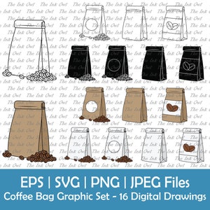 Kaffeesack mit Kaffeebohnen, Clip Art Set / Umriss, Silhouette & Farbillustrationen / Blanko Papiertüte / Png, SVG, Jpg, Eps