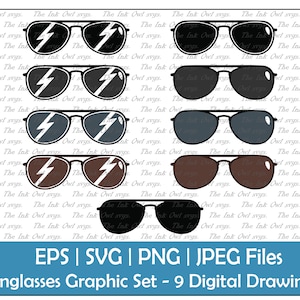 Sunglasses Vector Clipart Set / Outline, Silhouette Stamp & Color Drawing Illustrations / Beach Summer Graphic / PNG, JPG, SVG, Eps