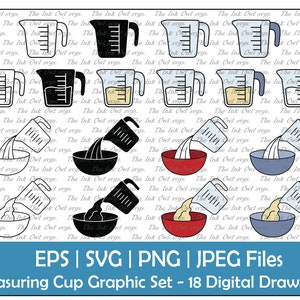 May include: A set of 18 digital drawings of measuring cups in various colors and styles. The cups are shown in different positions, including pouring liquid into bowls. The text "EPS | SVG | PNG | JPEG Files" and "Measuring Cup Graphic Set - 18 Digital Drawings" is included in the image.